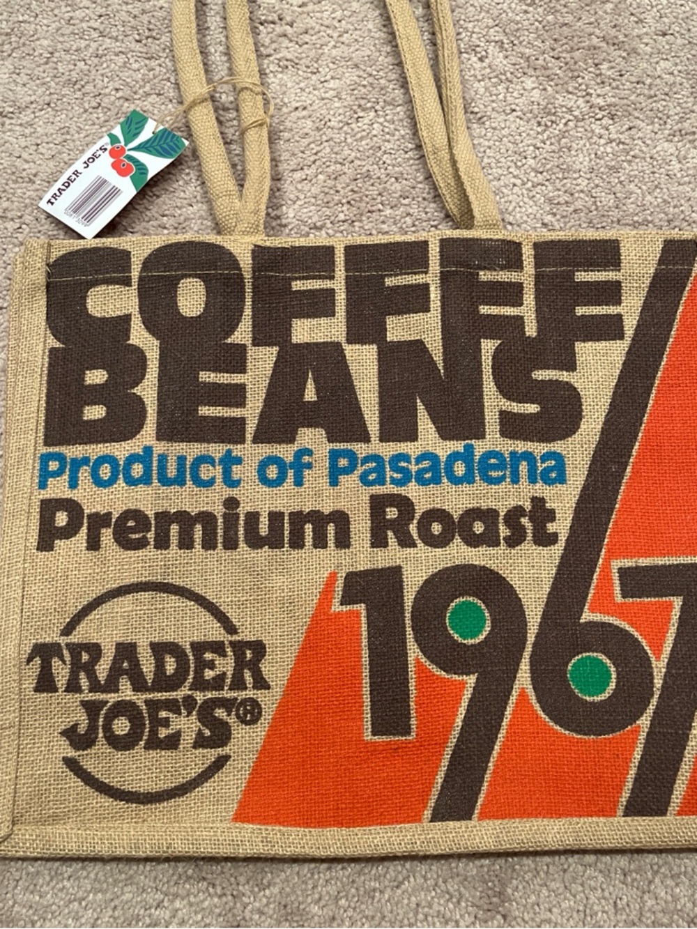 Limited Edition  Trader Joe”s Coffee Tote Bag - Natural with Orange & Blue Print